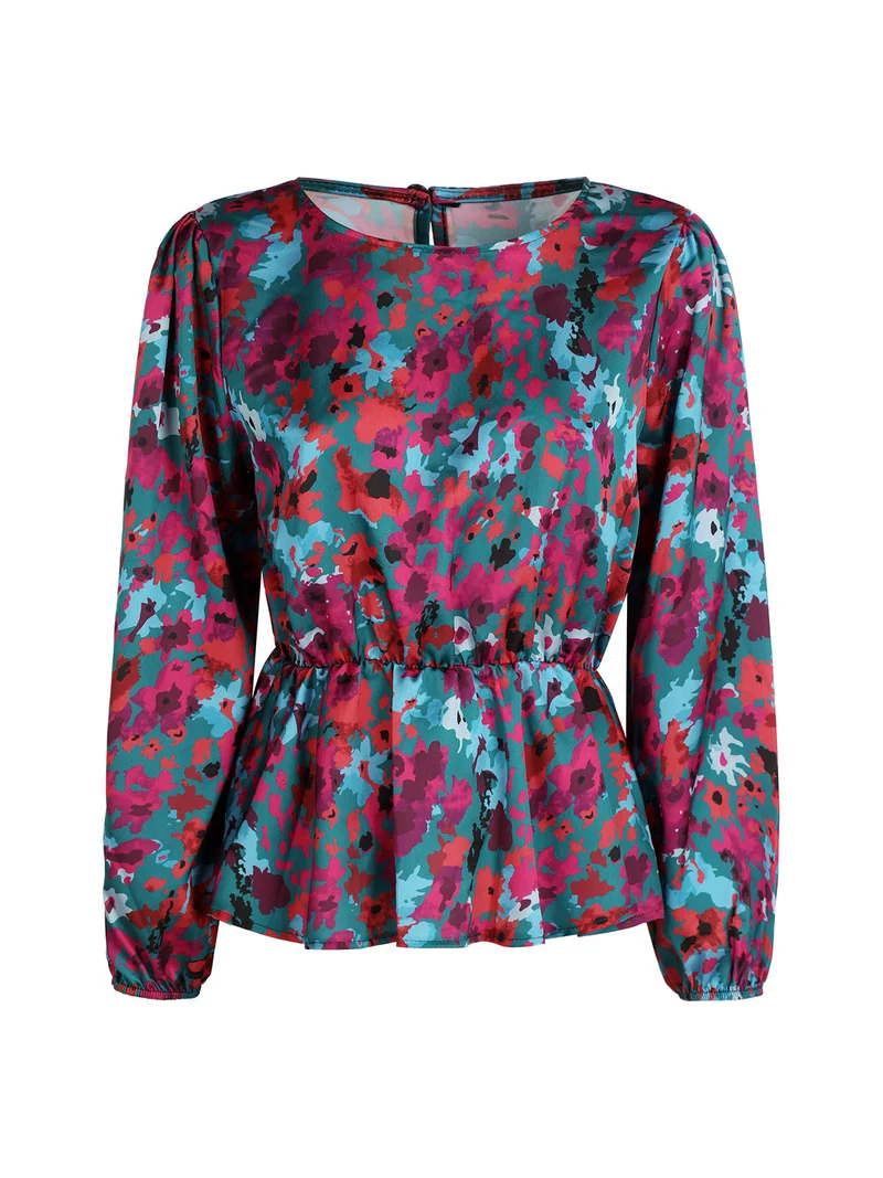 Blusa donna a maniche lunghe con stampa - turchese