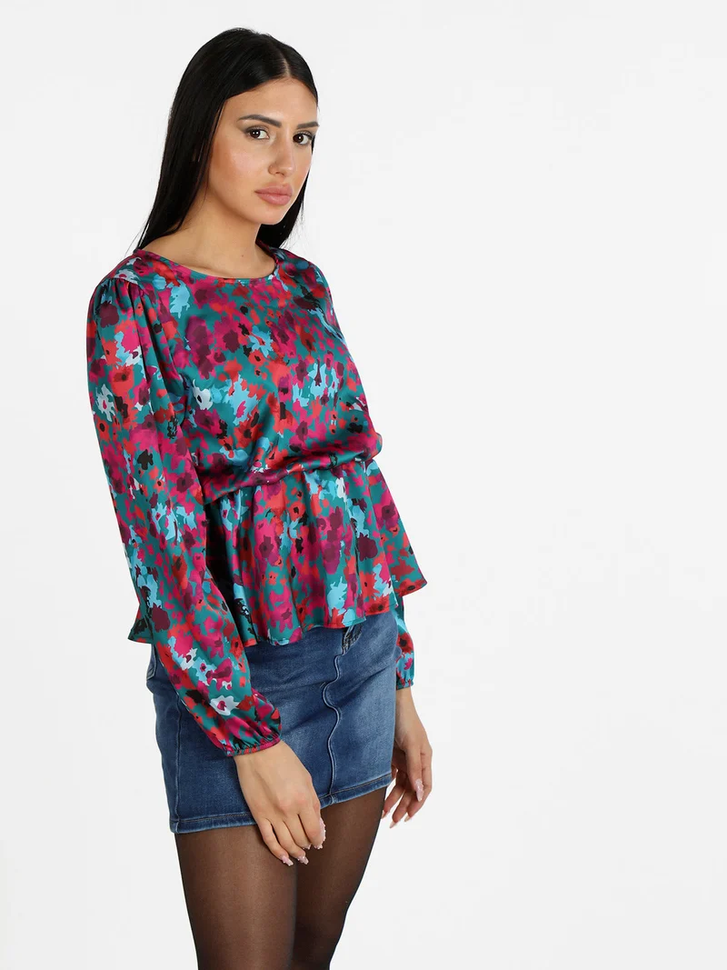 Blusa donna a maniche lunghe con stampa - turchese