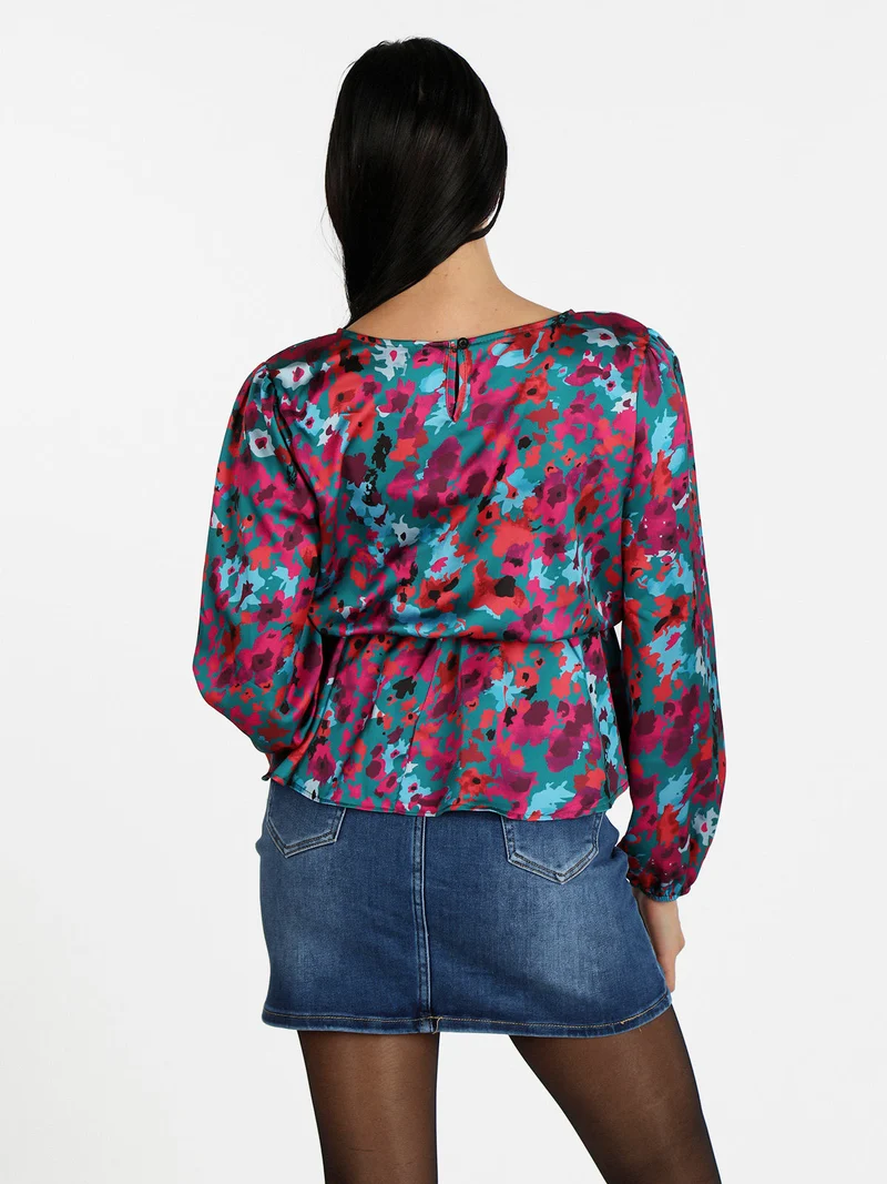 Blusa donna a maniche lunghe con stampa - turchese