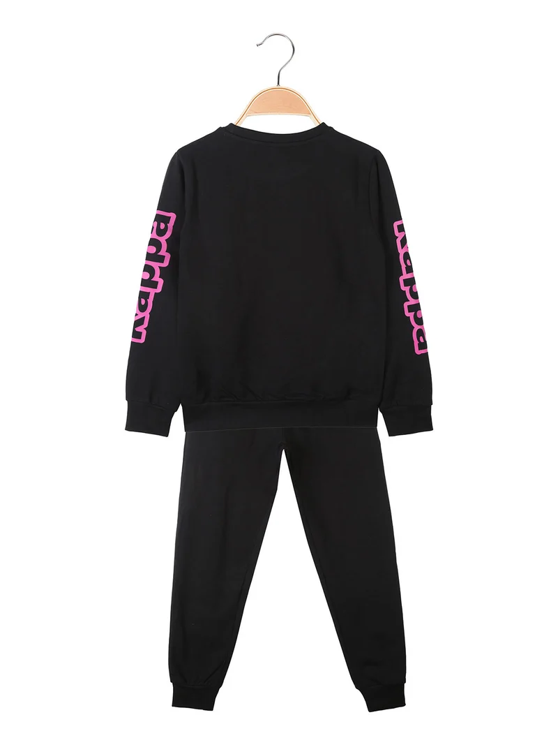 Completo tuta da ragazza in cotone con felpa girocollo e pantaloni con polsini - nero