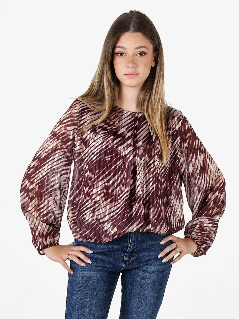 Blusa donna a fantasia con maniche lunghe velate a palloncino - bordeaux