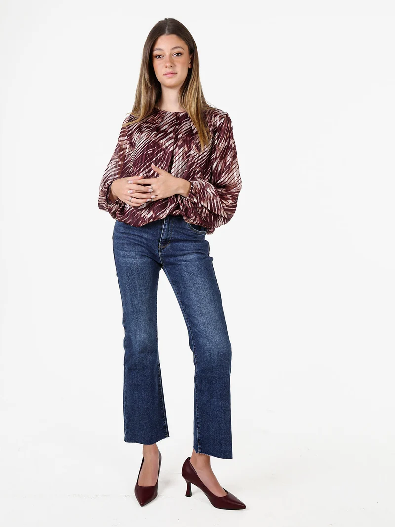 Blusa donna a fantasia con maniche lunghe velate a palloncino - bordeaux