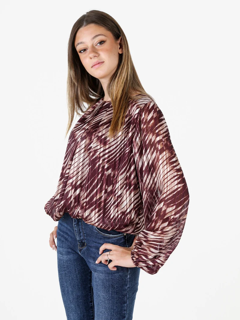 Blusa donna a fantasia con maniche lunghe velate a palloncino - bordeaux