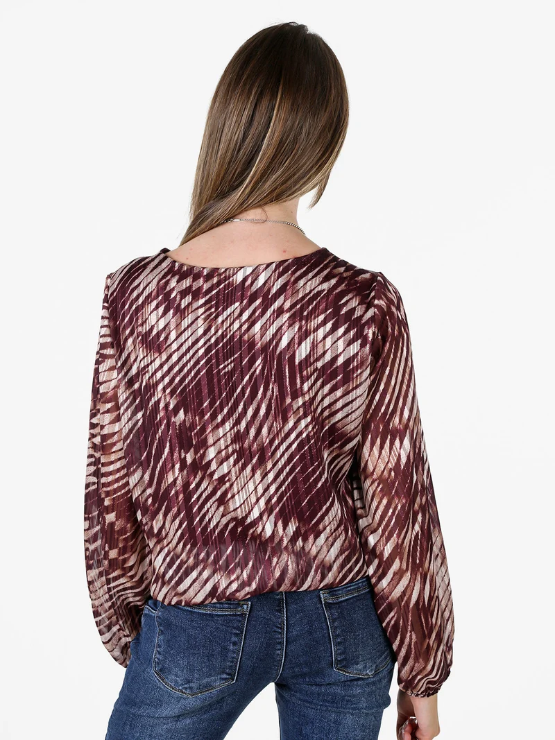 Blusa donna a fantasia con maniche lunghe velate a palloncino - bordeaux