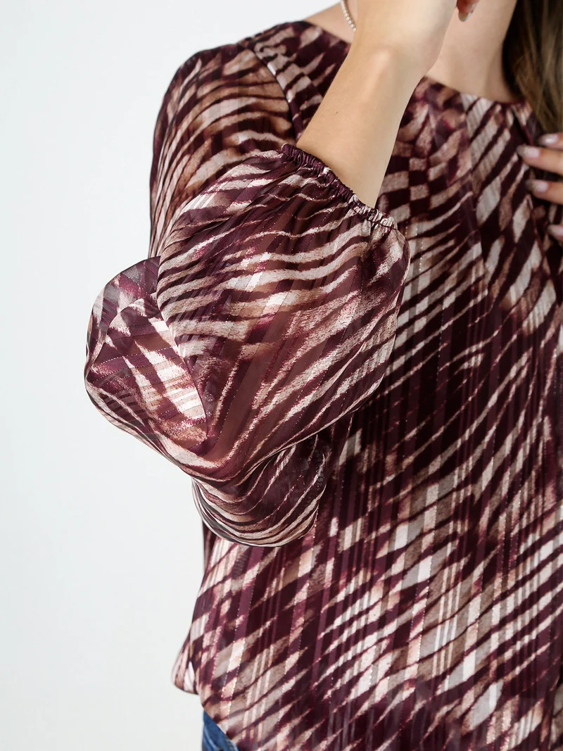 Blusa donna a fantasia con maniche lunghe velate a palloncino - bordeaux