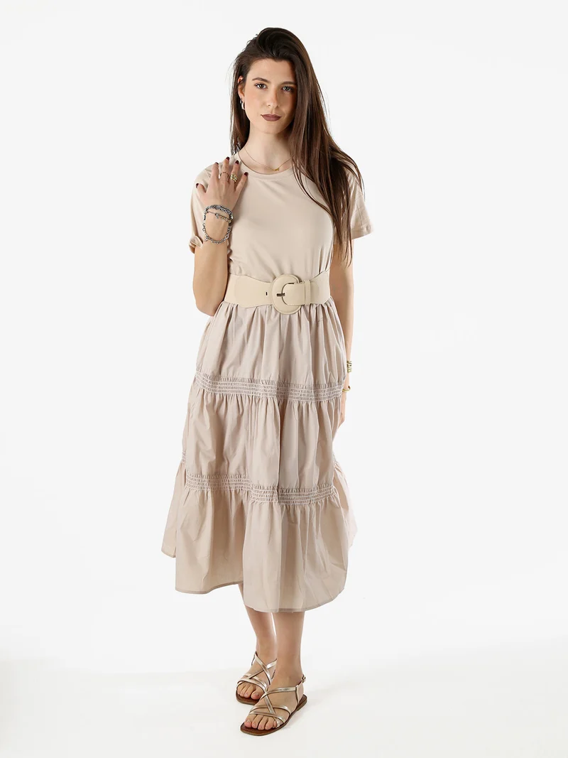 Abito donna in cotone a maniche corte - beige