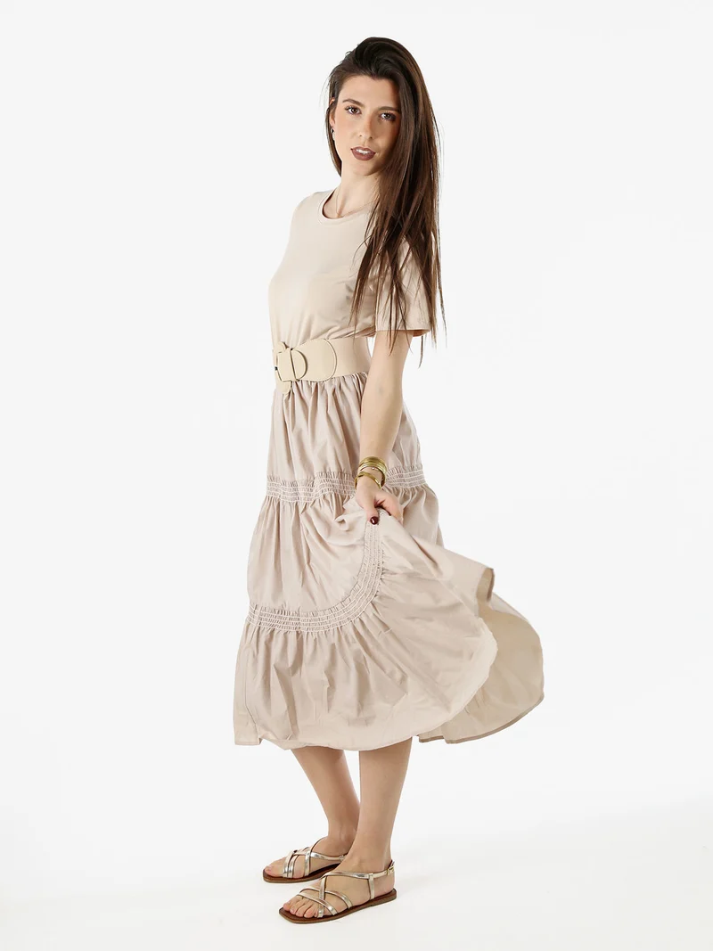 Abito donna in cotone a maniche corte - beige