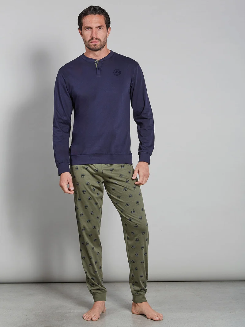 Pigiama lungo da uomo in cotone naturale - blu scuro