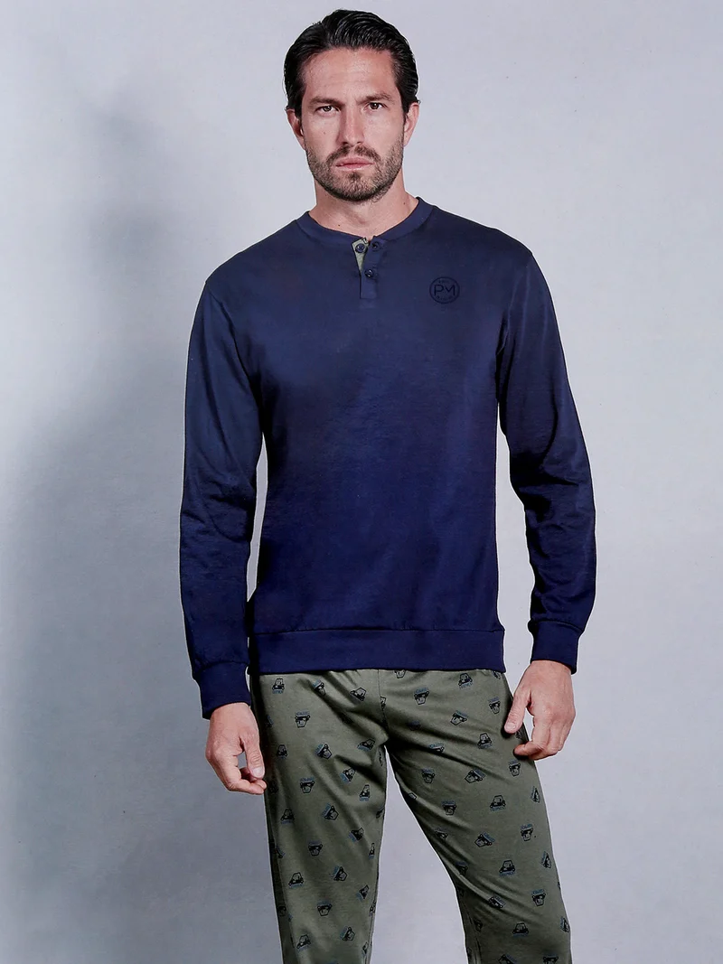 Pigiama lungo da uomo in cotone naturale - blu scuro
