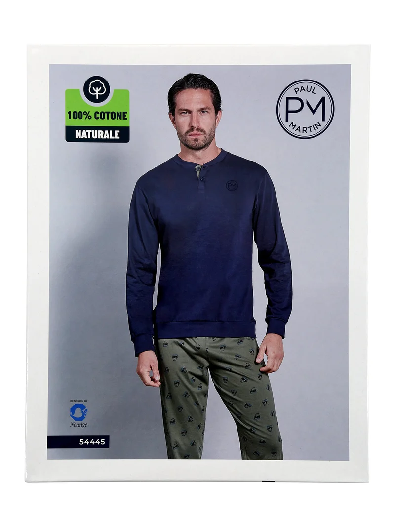 Pigiama lungo da uomo in cotone naturale - blu scuro