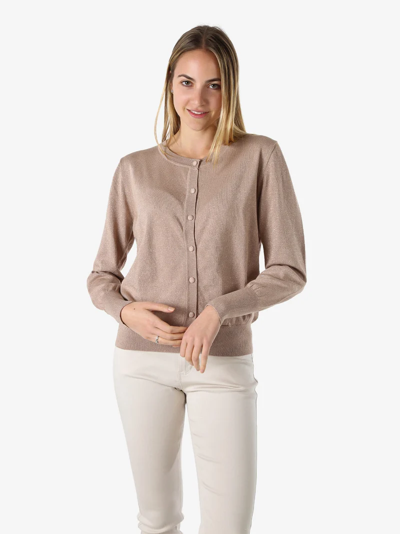 Cardigan donna lurex in maglia con bottoni - cammello