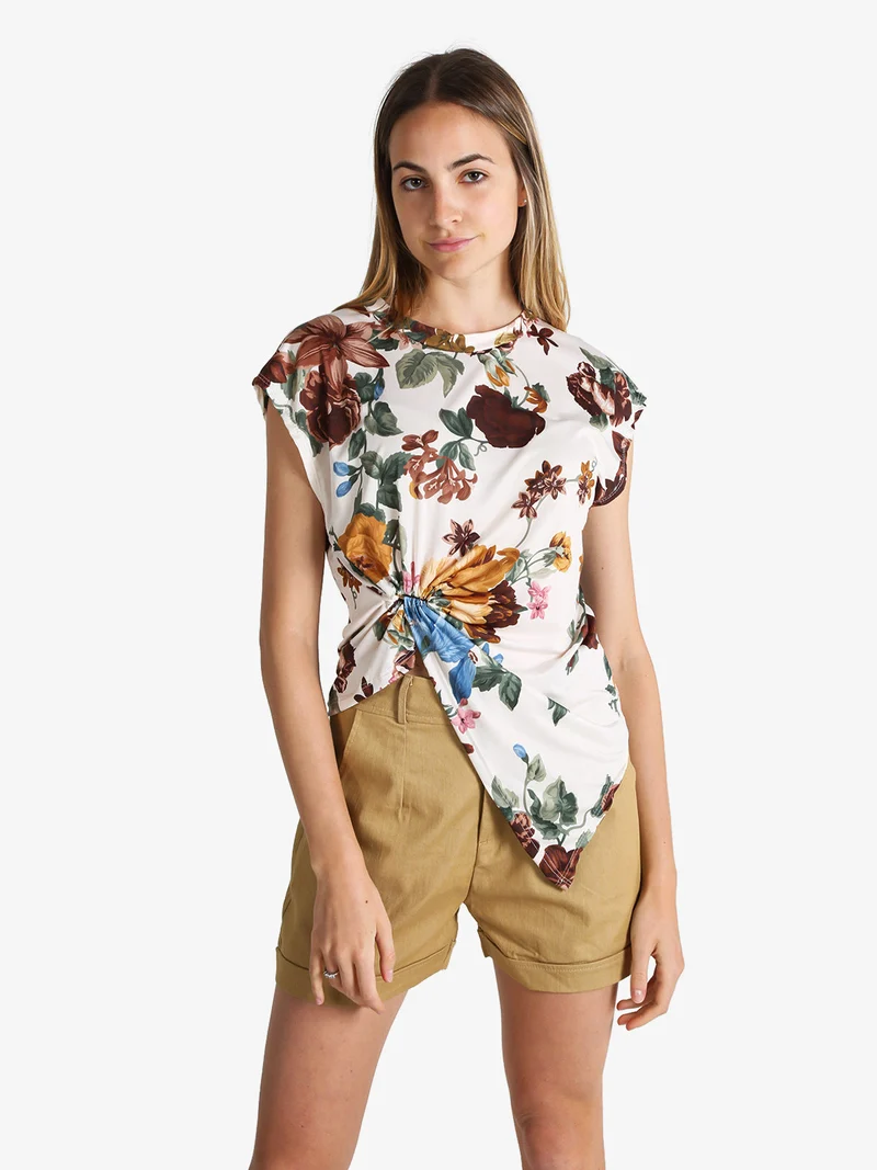 Blusa donna fiorata a maniche corte - marrone