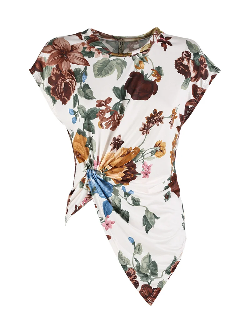 Blusa donna fiorata a maniche corte - marrone