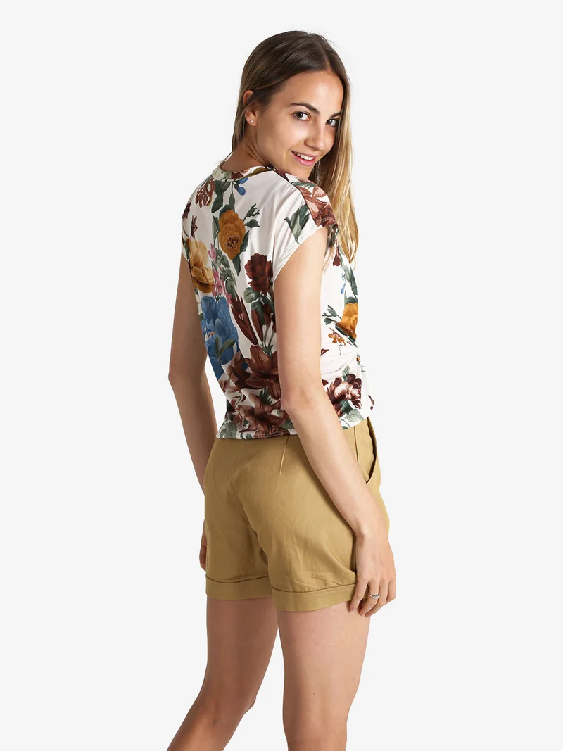 Blusa donna fiorata a maniche corte - marrone