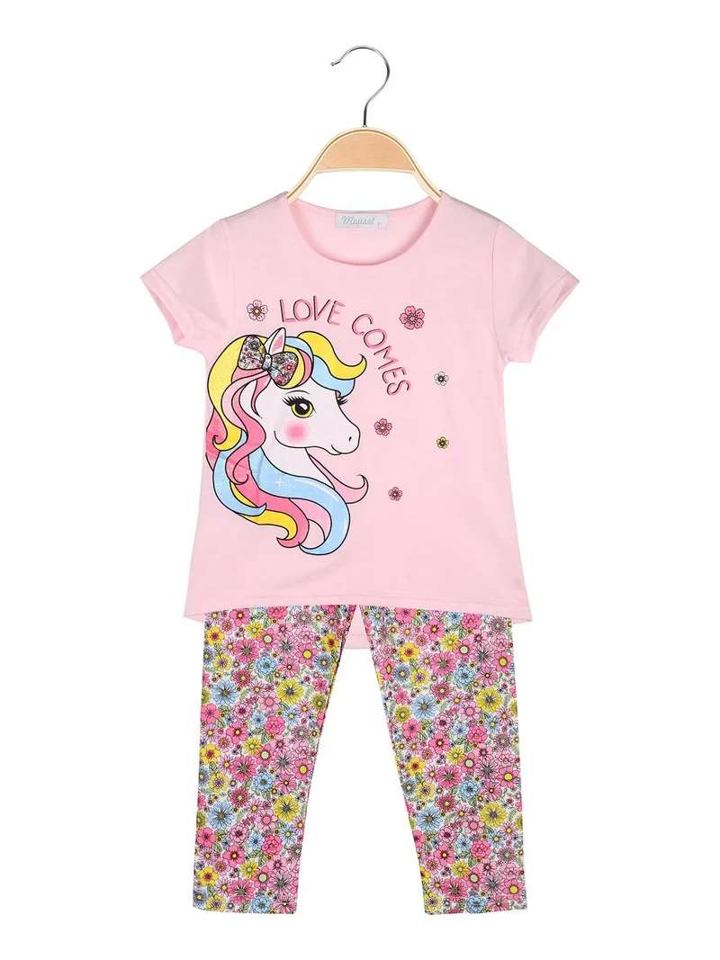 Completo da bambina 2 pezzi con t-shirt e leggings fiorati a 3/4 - rosa