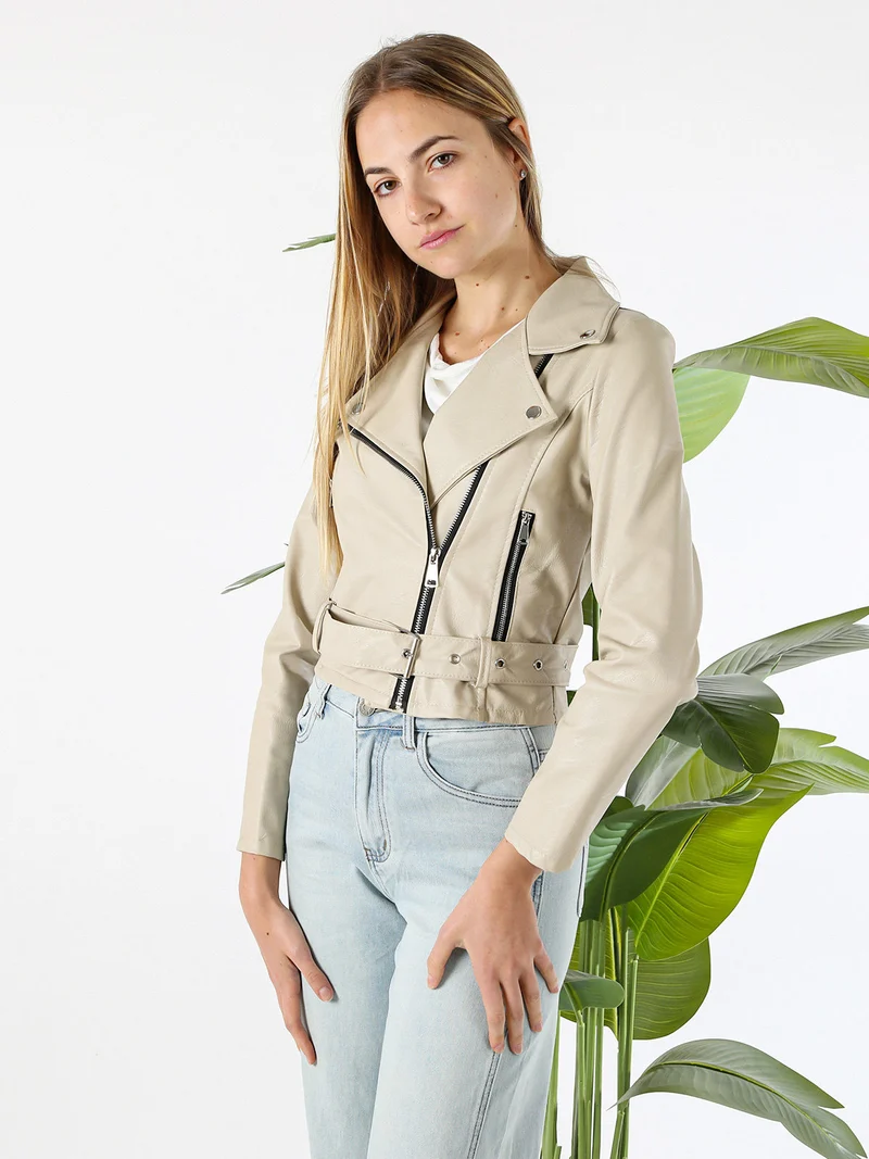 Giacca biker da donna in ecopelle - beige