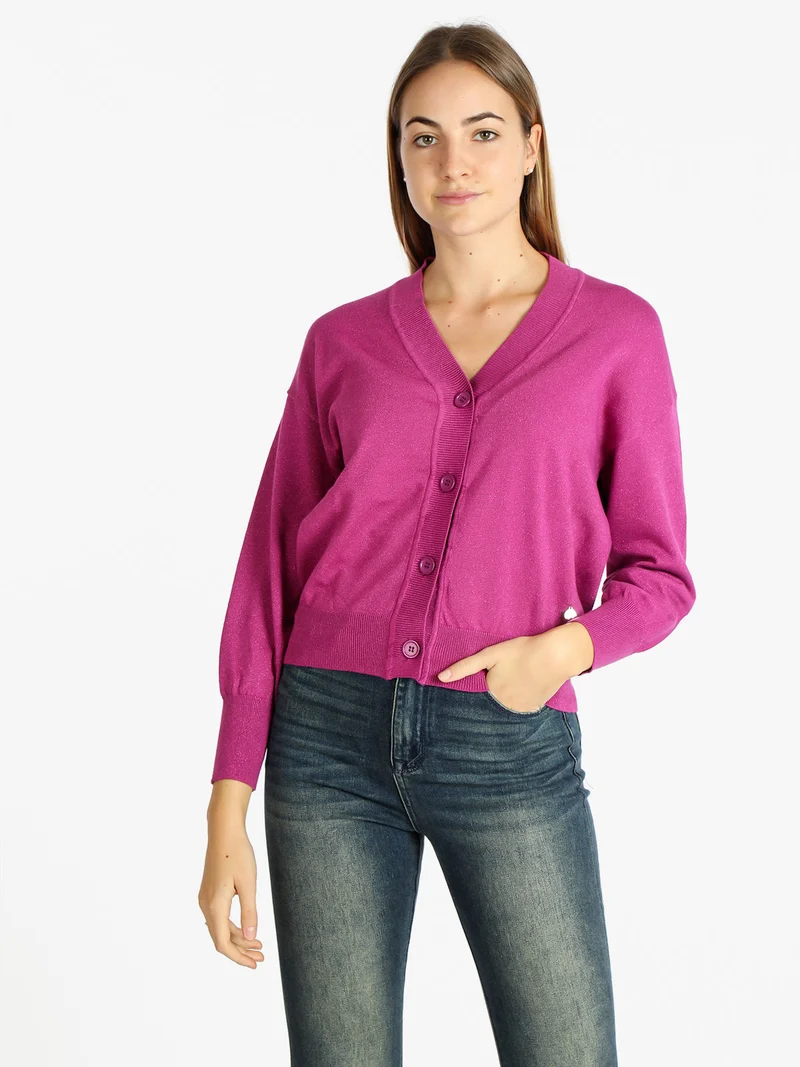 Cardigan donna oversize lurex con bottoni - fucsia