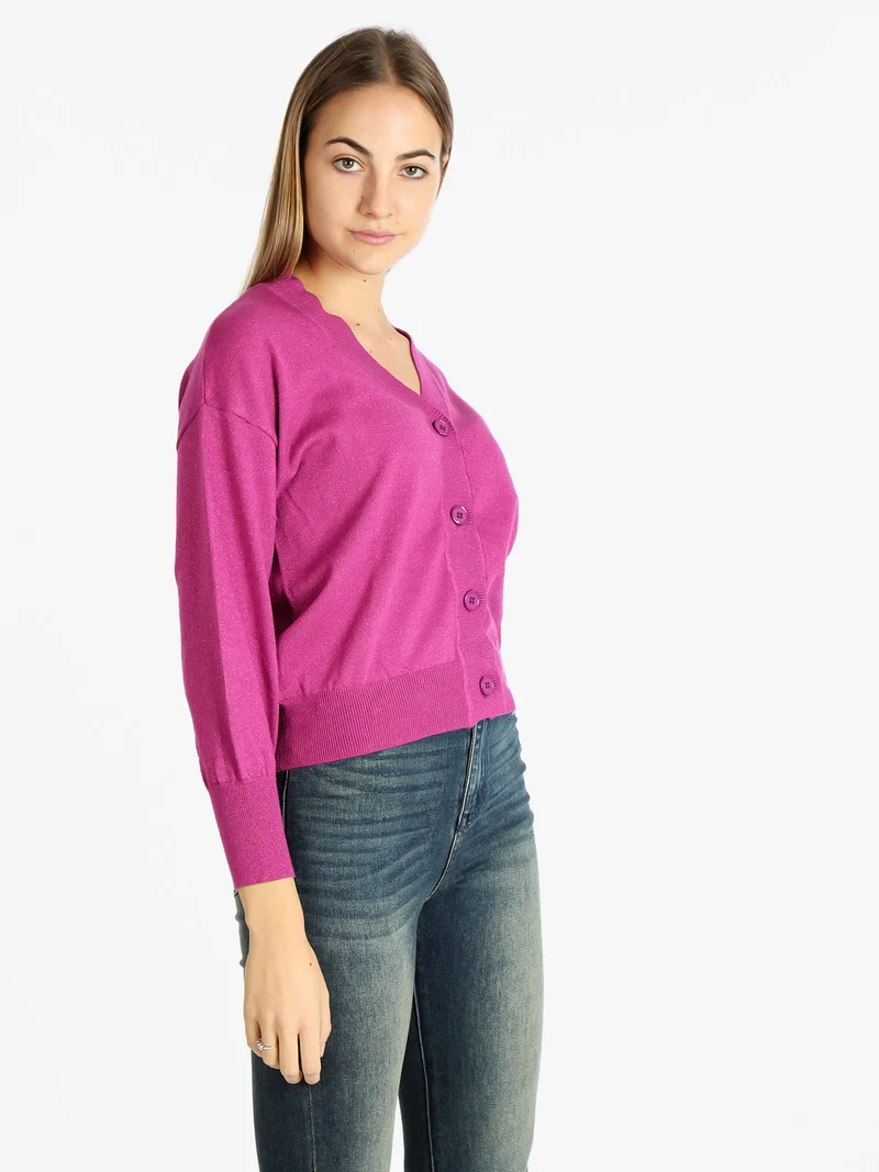 Cardigan donna oversize lurex con bottoni - fucsia