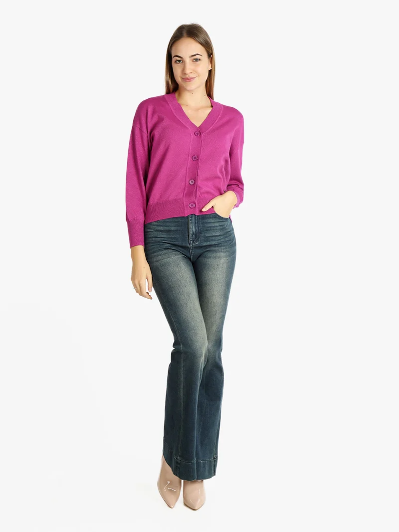 Cardigan donna oversize lurex con bottoni - fucsia