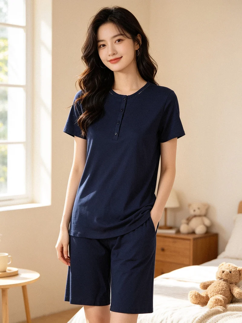 Pigiama corto da donna in cotone - blu scuro