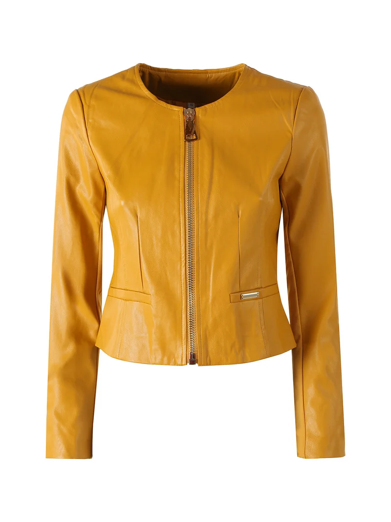Giacca corta da donna in ecopelle con zip - senape
