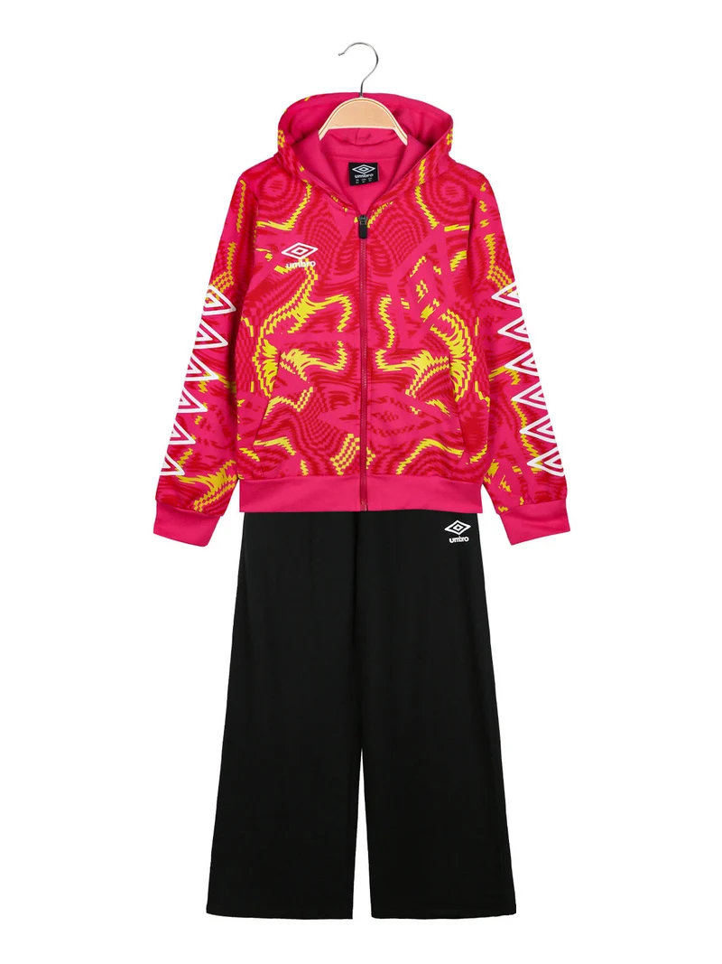 Completo tuta 2 pezzi da ragazza in cotone full zip con cappuccio - fucsia