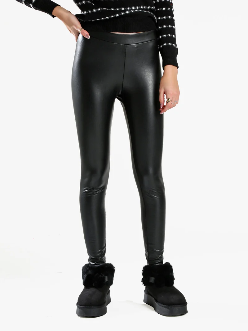 Leggings donna in ecopelle con interno in micropile - nero
