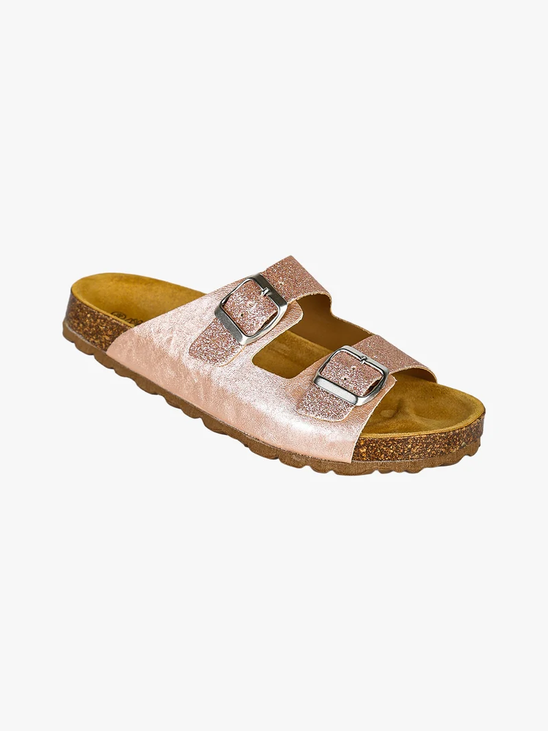 Ciabatte da ragazza con doppia fascia glitter e fibbie - rosa