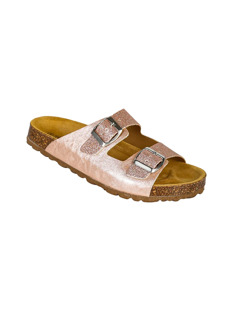 Ciabatte da ragazza con doppia fascia glitter e fibbie - rosa