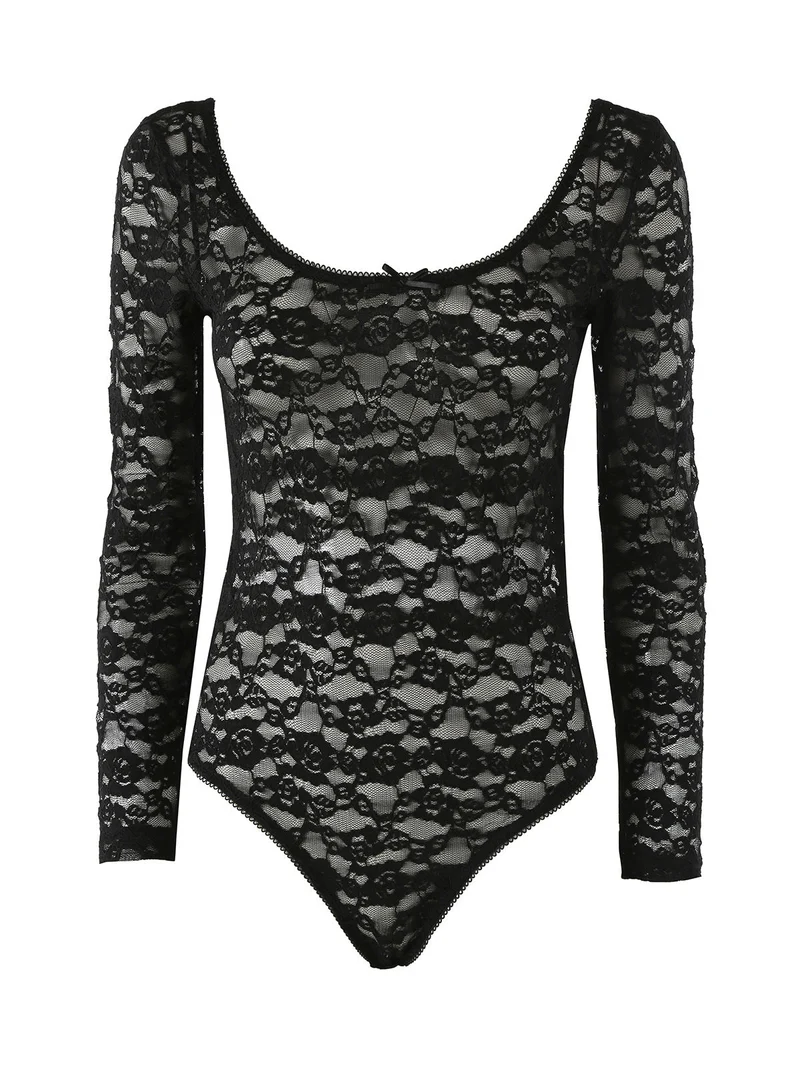 Body donna elegante in pizzo a maniche lunghe - nero