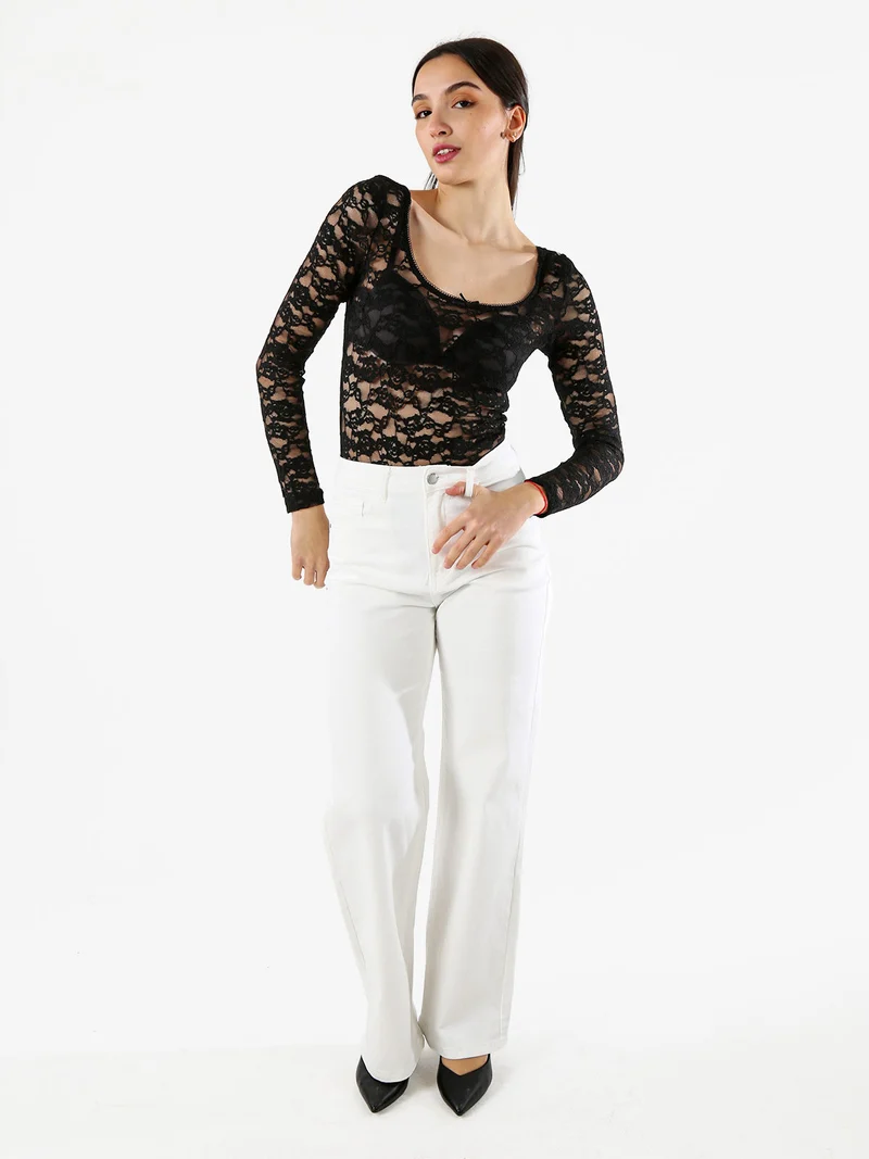 Body donna elegante in pizzo a maniche lunghe - nero