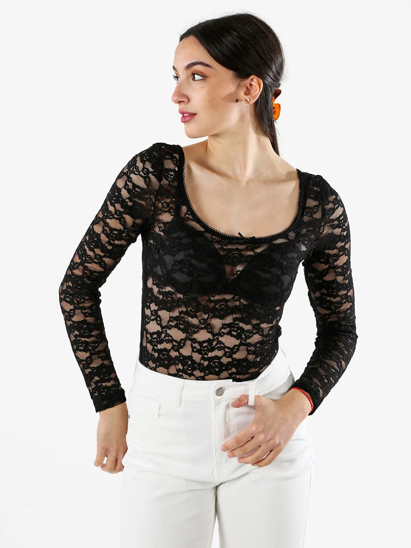 Body donna elegante in pizzo a maniche lunghe - nero