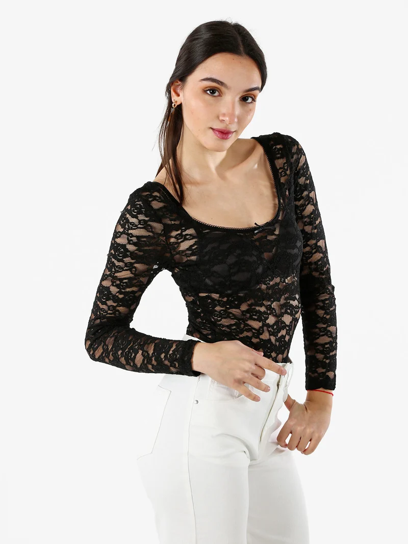 Body donna elegante in pizzo a maniche lunghe - nero