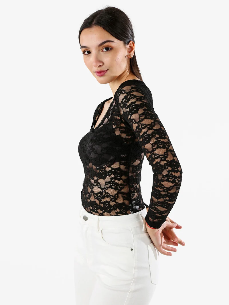 Body donna elegante in pizzo a maniche lunghe - nero