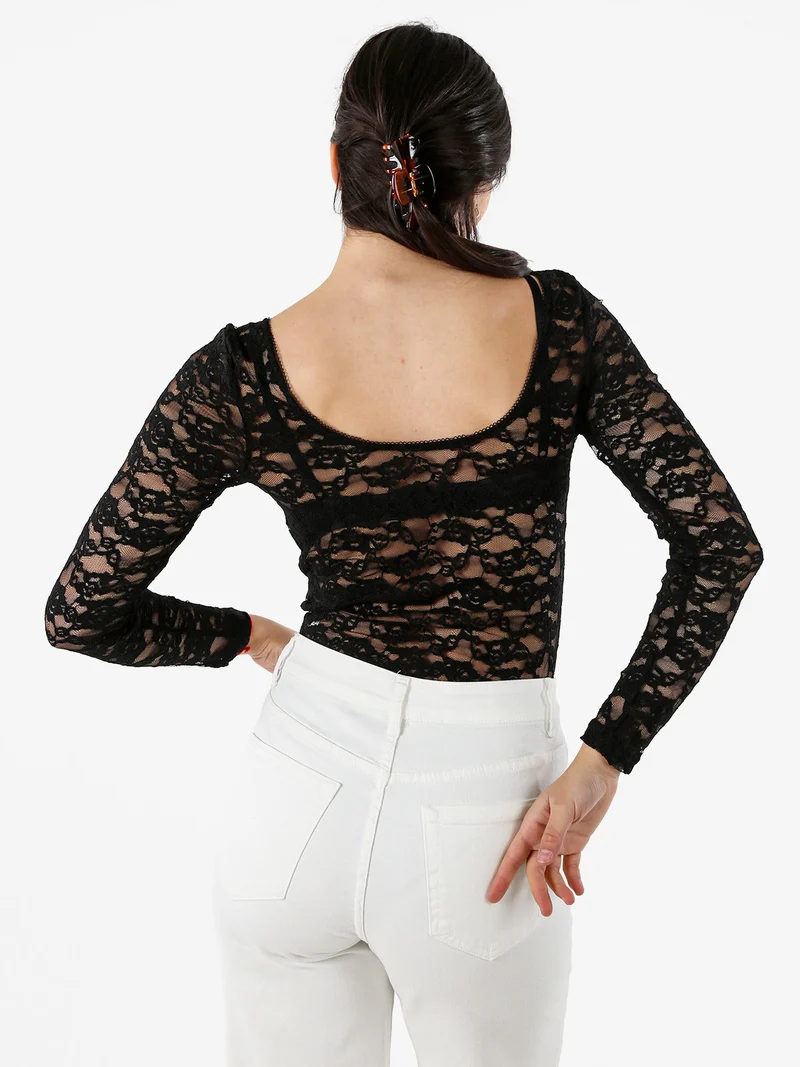 Body donna elegante in pizzo a maniche lunghe - nero