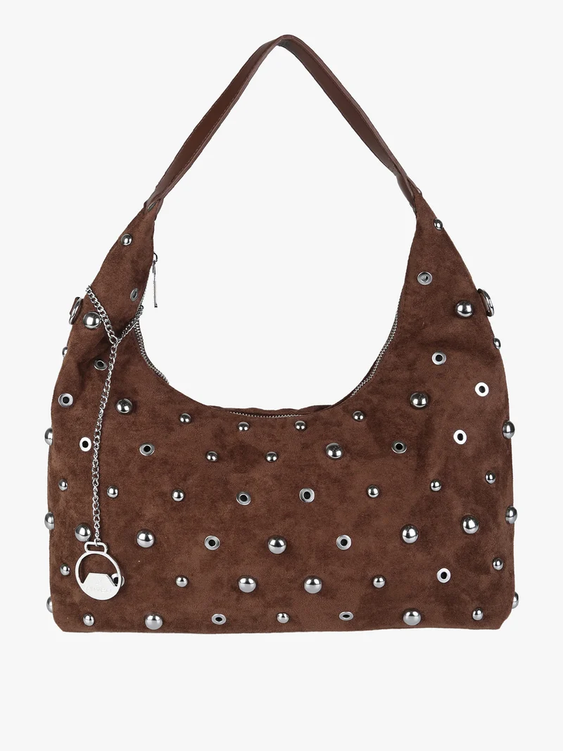 Borsa hobo da donna in tessuto scamosciato con borchie - moro
