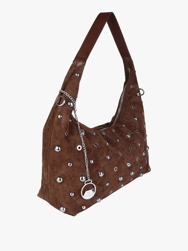 Borsa hobo da donna in tessuto scamosciato con borchie - moro