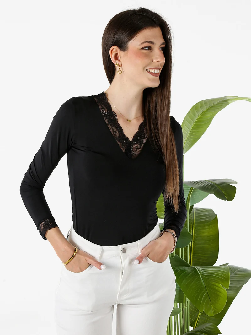 Top donna a maniche lunghe con dettagli di pizzo - nero