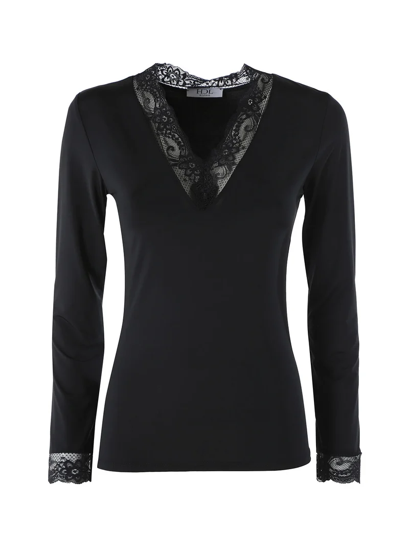 Top donna a maniche lunghe con dettagli di pizzo - nero