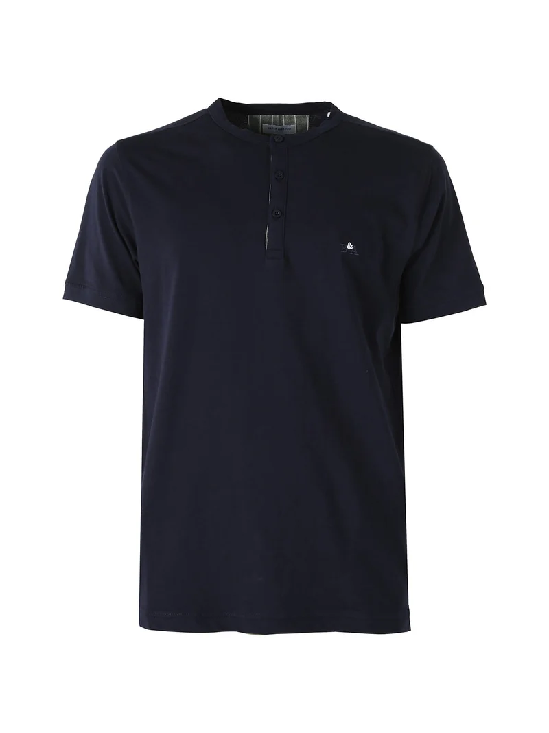 T-shirt da uomo in cotone con bottoncini sullo scollo - blu scuro