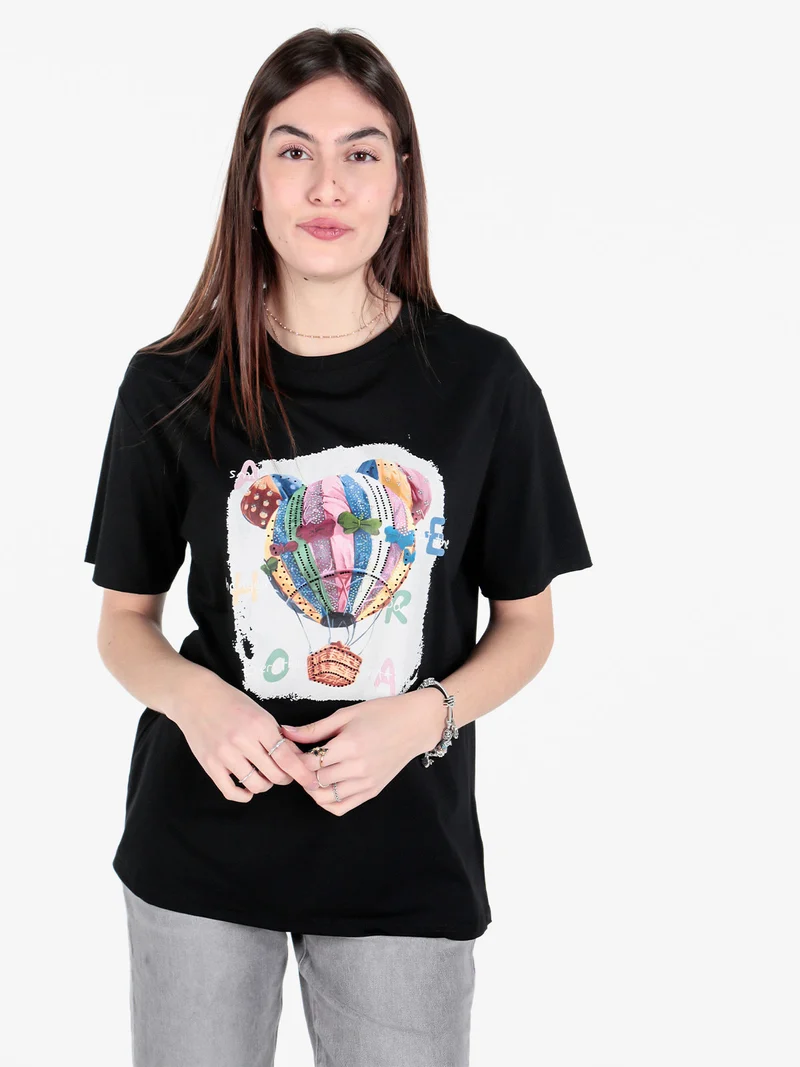 T-shirt donna girocollo con stampa mongolfiera e strass - nero