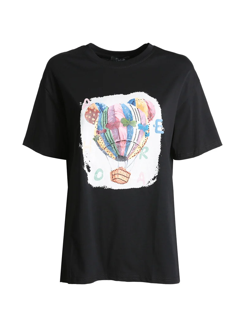 T-shirt donna girocollo con stampa mongolfiera e strass - nero