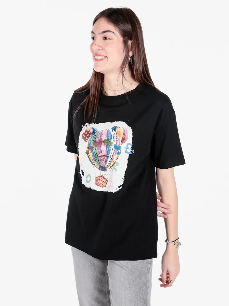 T-shirt donna girocollo con stampa mongolfiera e strass - nero