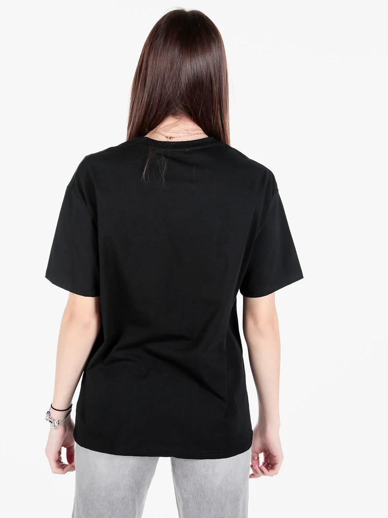 T-shirt donna girocollo con stampa mongolfiera e strass - nero
