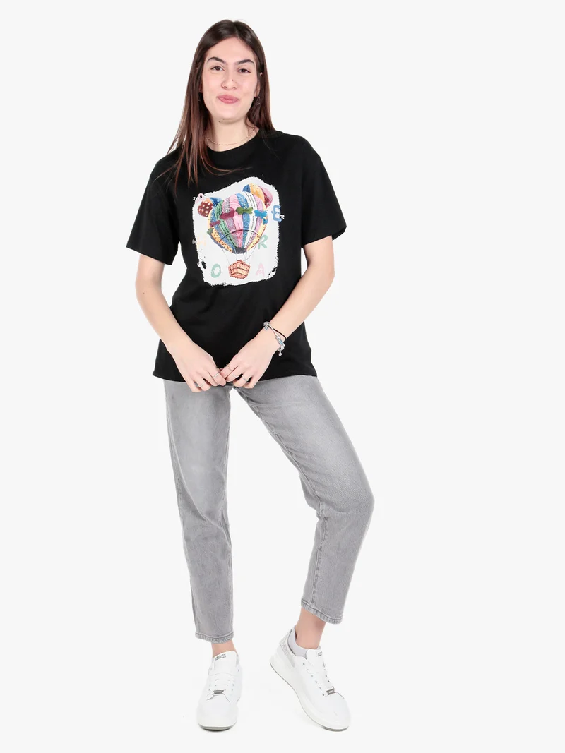 T-shirt donna girocollo con stampa mongolfiera e strass - nero