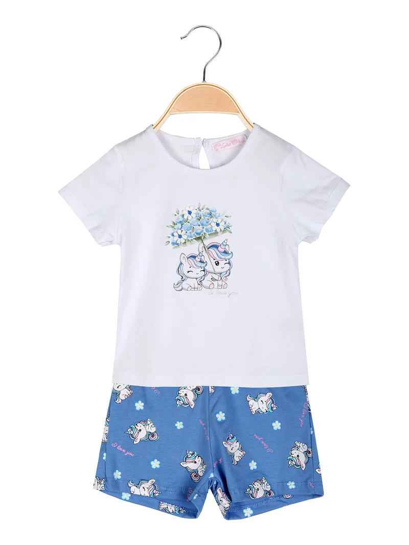 Completo corto da neonata unicorno con t-shirt e shorts - bianco