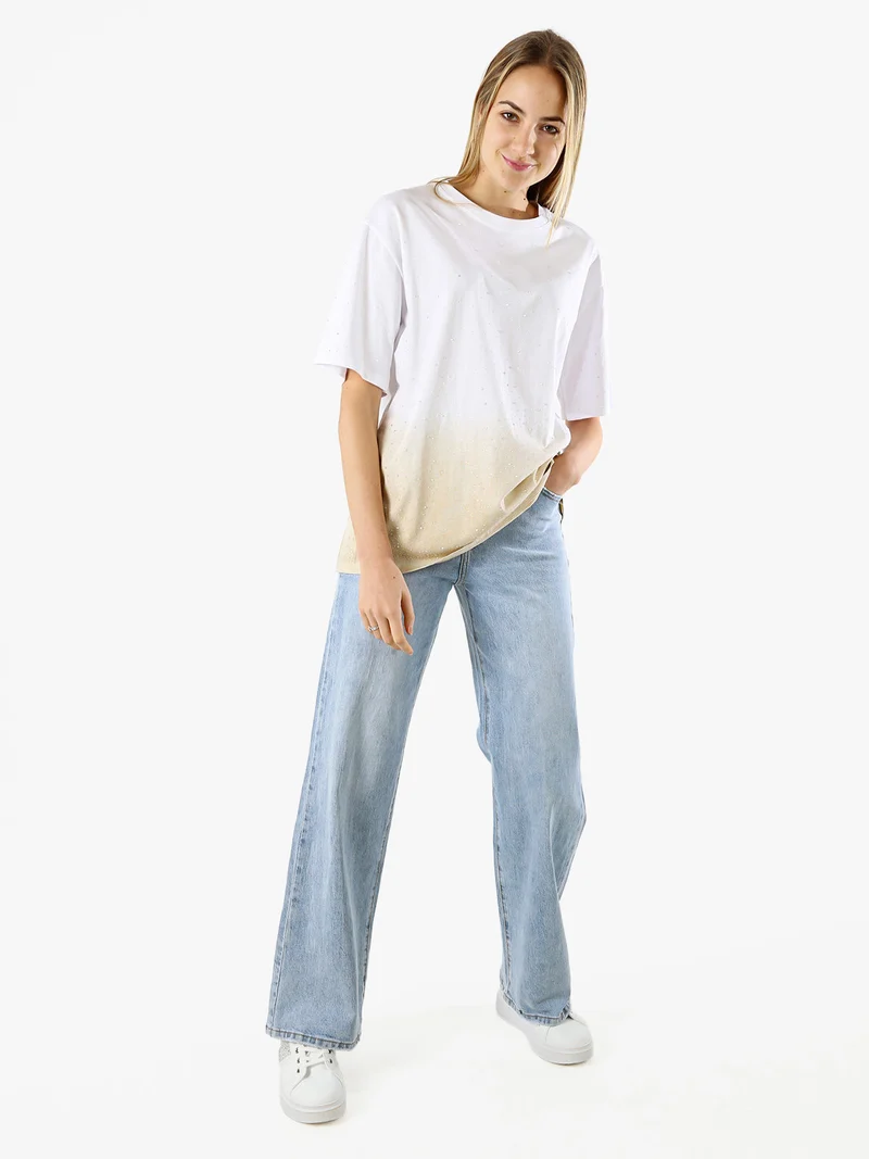 T-shirt donna oversize con strass e sfumatura - beige