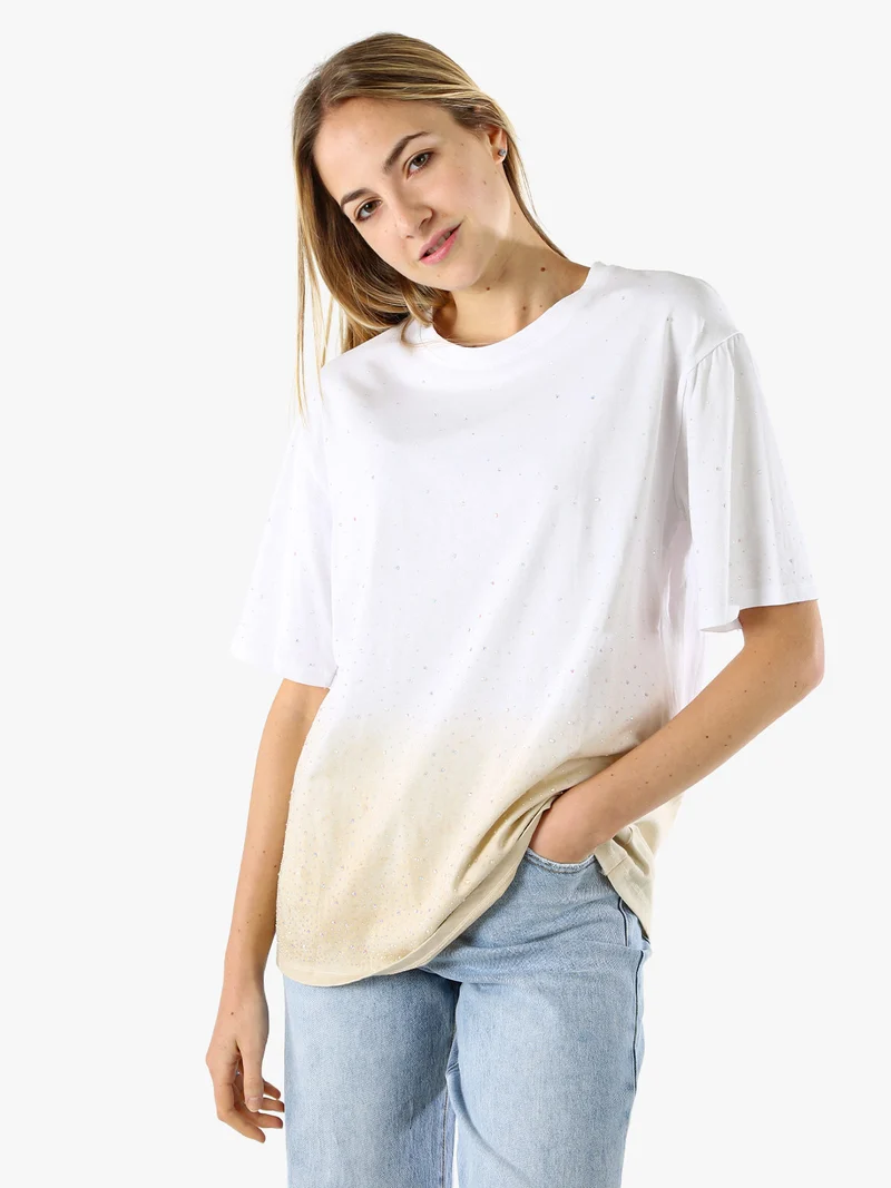 T-shirt donna oversize con strass e sfumatura - beige
