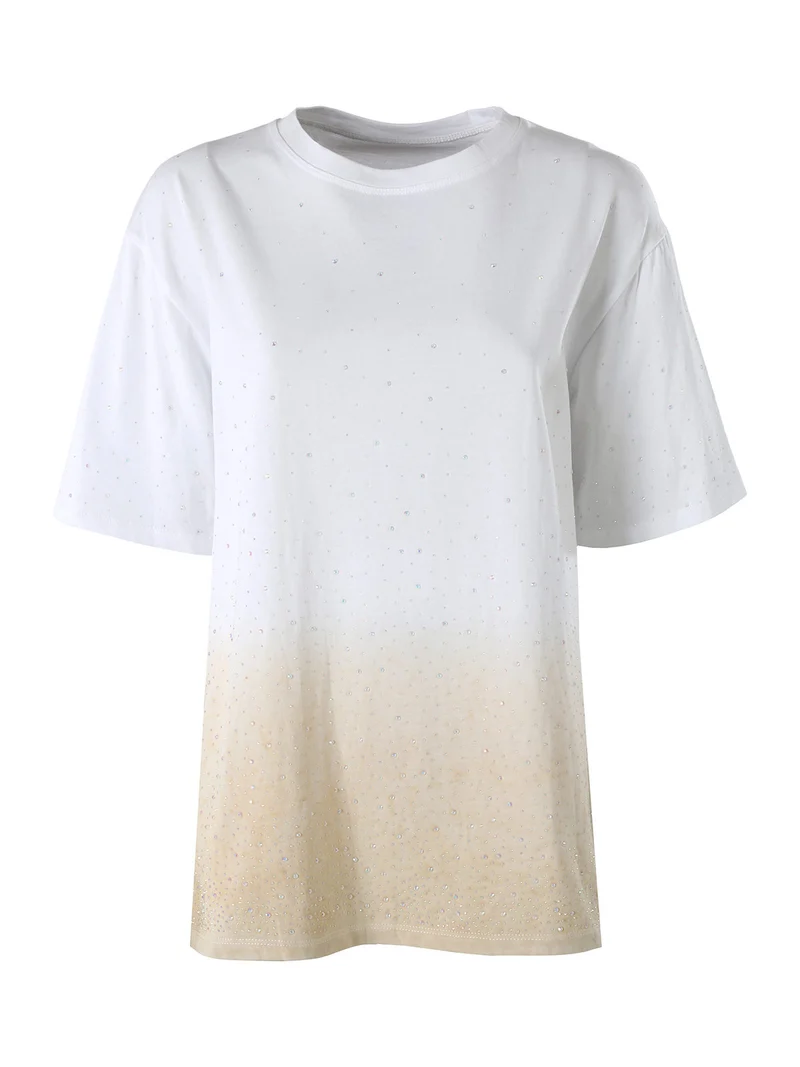 T-shirt donna oversize con strass e sfumatura - beige