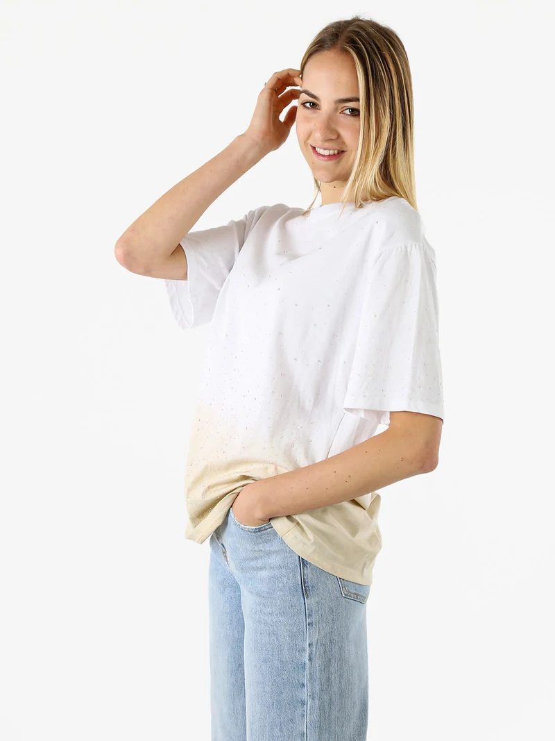 T-shirt donna oversize con strass e sfumatura - beige